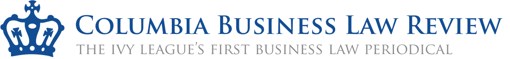 Logo for the Columbia Business Law review. Next to a blue crown the name of the Journal appears in dark blue letters over the tag line "The Ivy League's First Business Law Periodical"